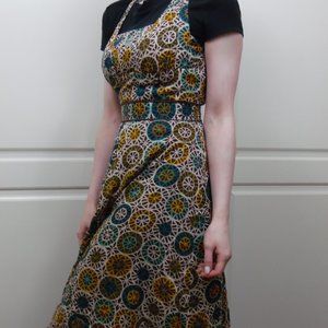 Brown Blue Green Print Dress Cream Sleeveless Back